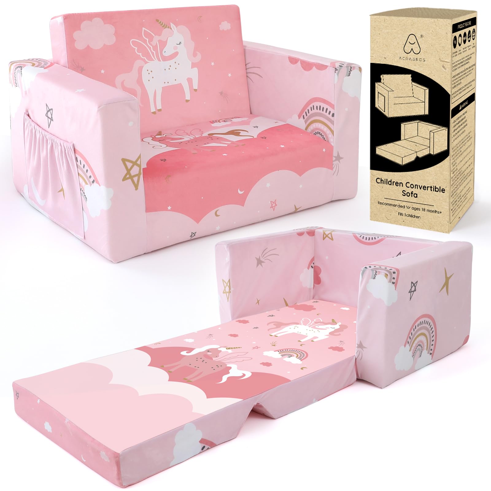 Acrabros Kids Couch: Toddler Sofa Bed Fold Out For Gilrs Boys Baby Flip Out Convertible Lounge Chair Unicorn